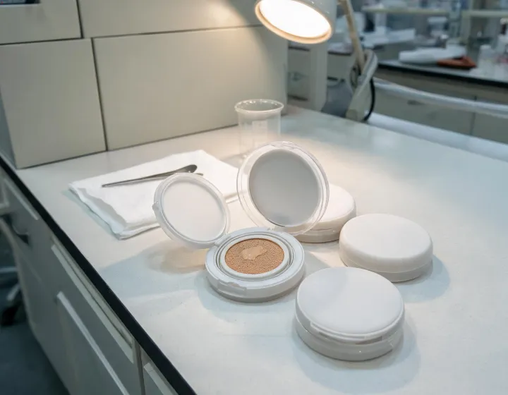 Cushion Foundation Sourcing on a cosmetics bench, illustration only