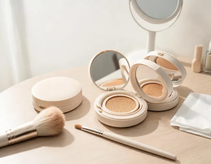korean cushion foundation on a cosmetics bench, illustration only