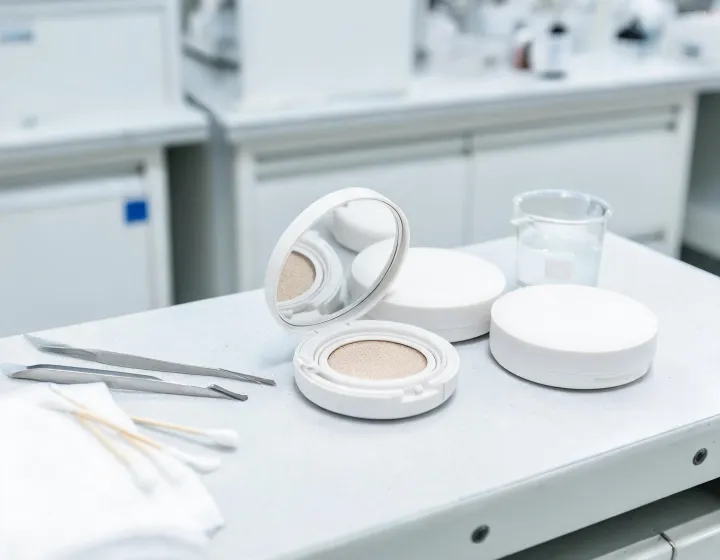 sea makeup cushion foundation filter on a cosmetics bench, illustration only